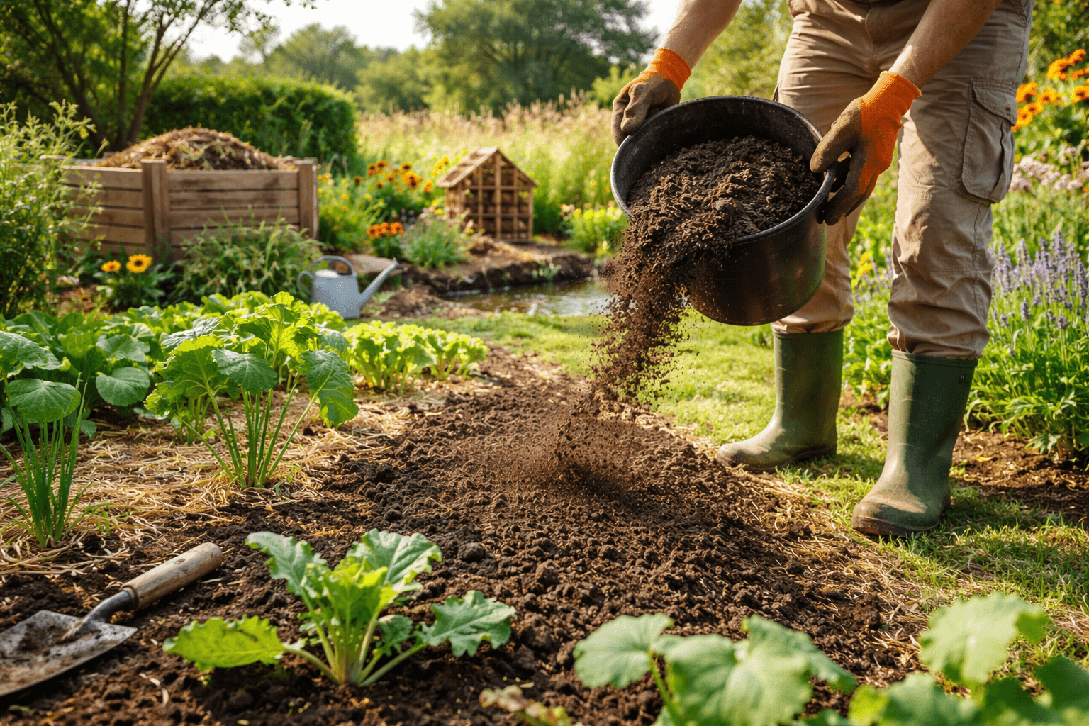 Apport de compost fin dans un jardin écologique