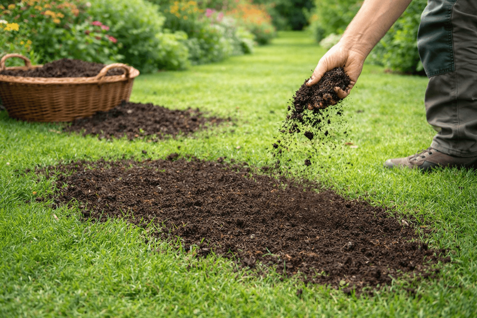 Apport de compost fin sur une pelouse