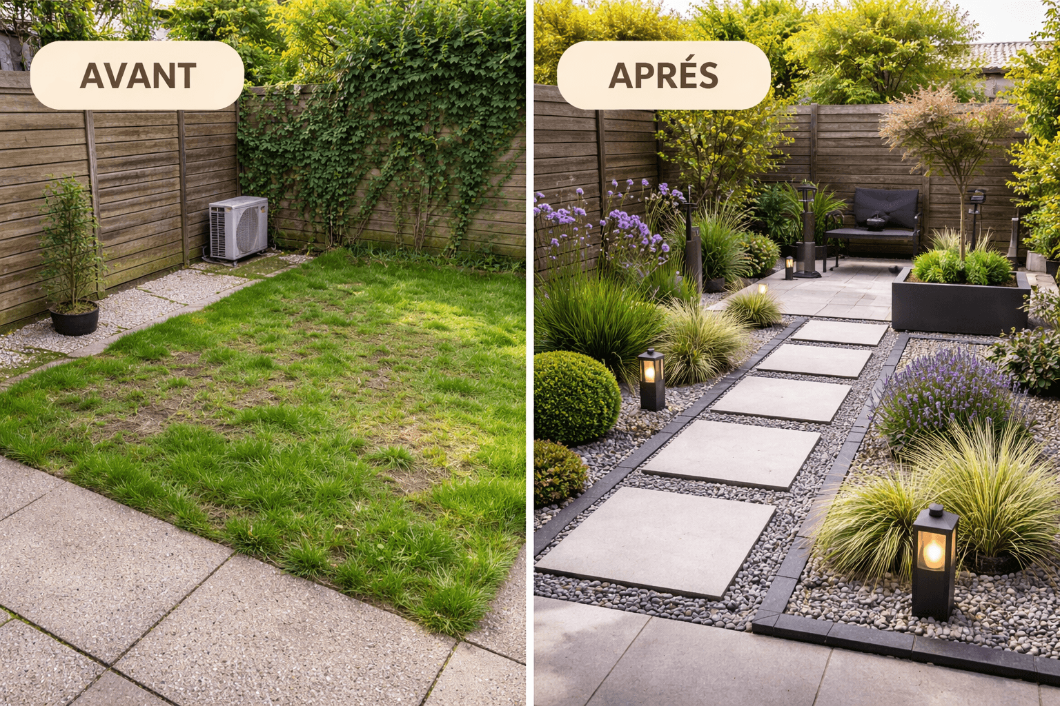 Vue avant après ou exemple de petit jardin moderne avec dalles, gravier et bordures nettes