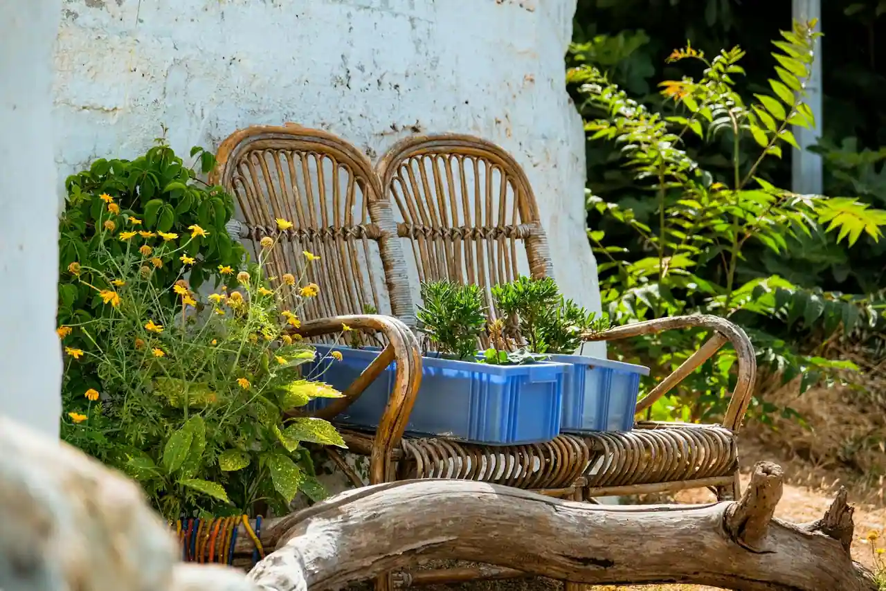 Salon de jardin en résine tressée sur une terrasse ensoleillée avec coussins beiges