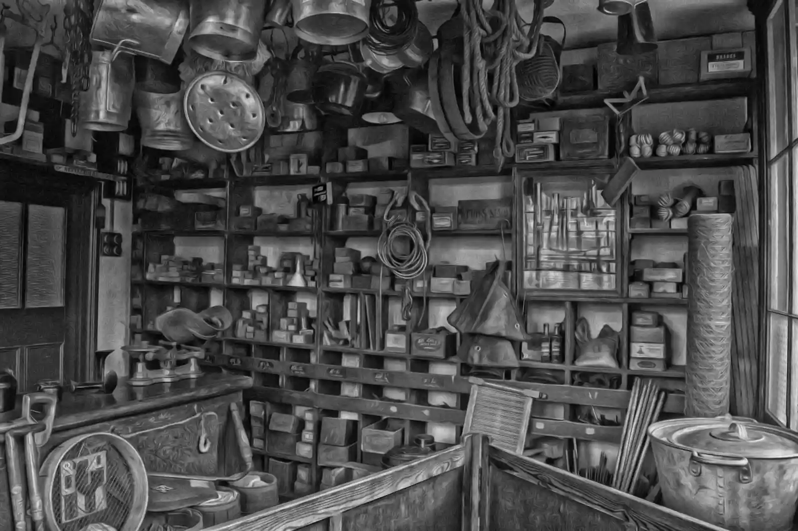 Intérieur d'une ancienne quincaillerie : étagères garnies de boîtes, cordages et ustensiles métalliques.