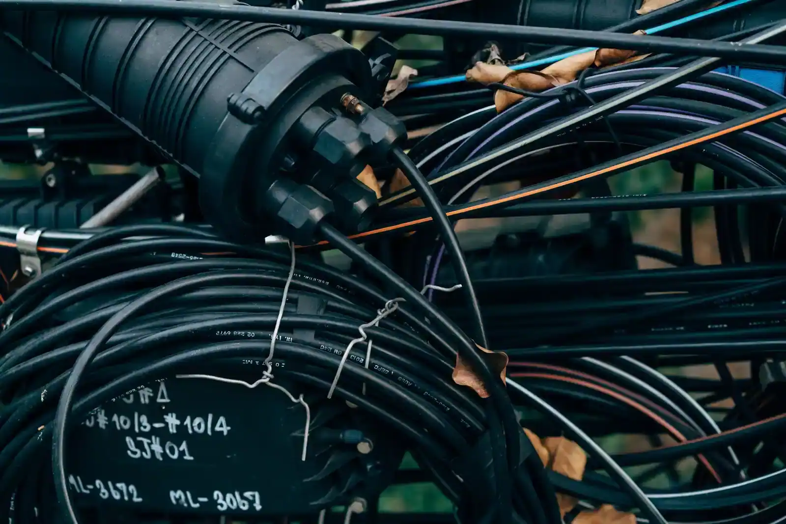 Câbles télécom lovés autour d'un manchon de raccordement en fibre optique, en extérieur.