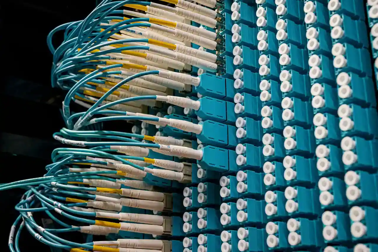 Panneau de brassage à fibre optique, ports et câbles bleus d’un réseau de télécommunications.